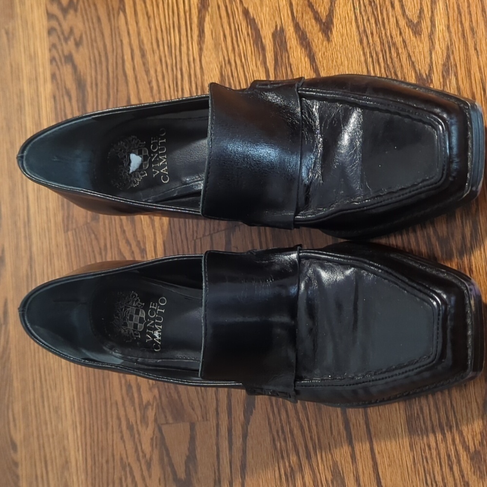Vince Camuto Black Slip-On Heeled Loafers Square Toe  Polished Finish Sz 8 - Picture 3 of 14